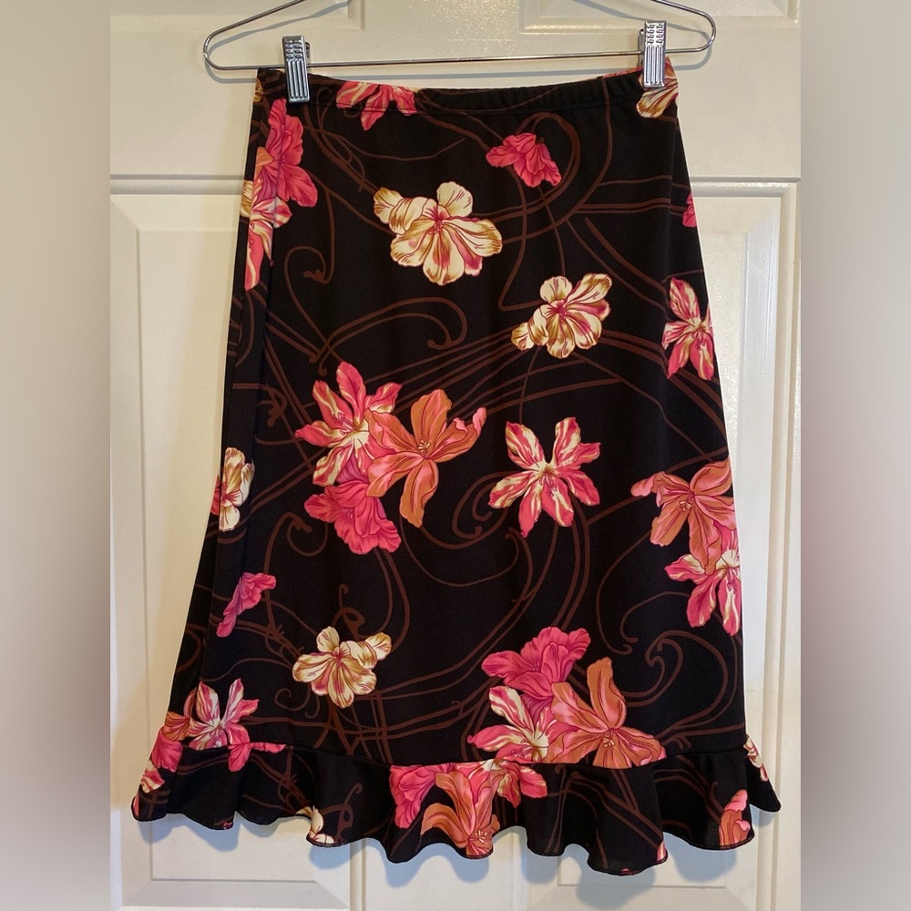 Women’s RAG Knee Length Pink Floral Ruffle Hem Skirt Black Vintage Y2K SZ Medium